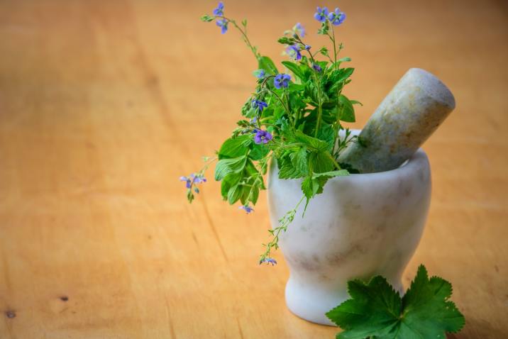 Flowers with mortar and pestle - natural flower remedies